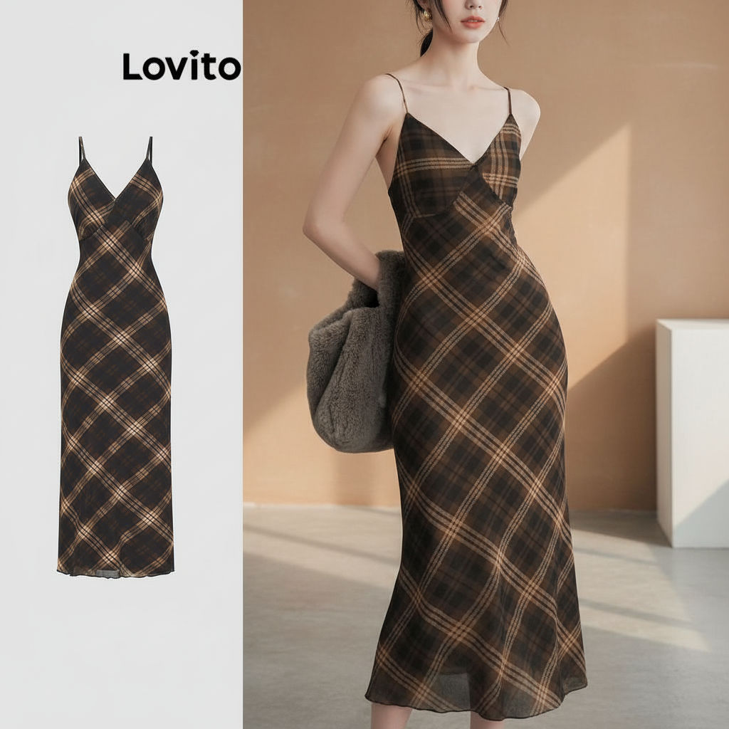 Lovito Refine Vestido feminino casual estampa xadrez com linha estrutura L122AD011 em Oferta na Shopee