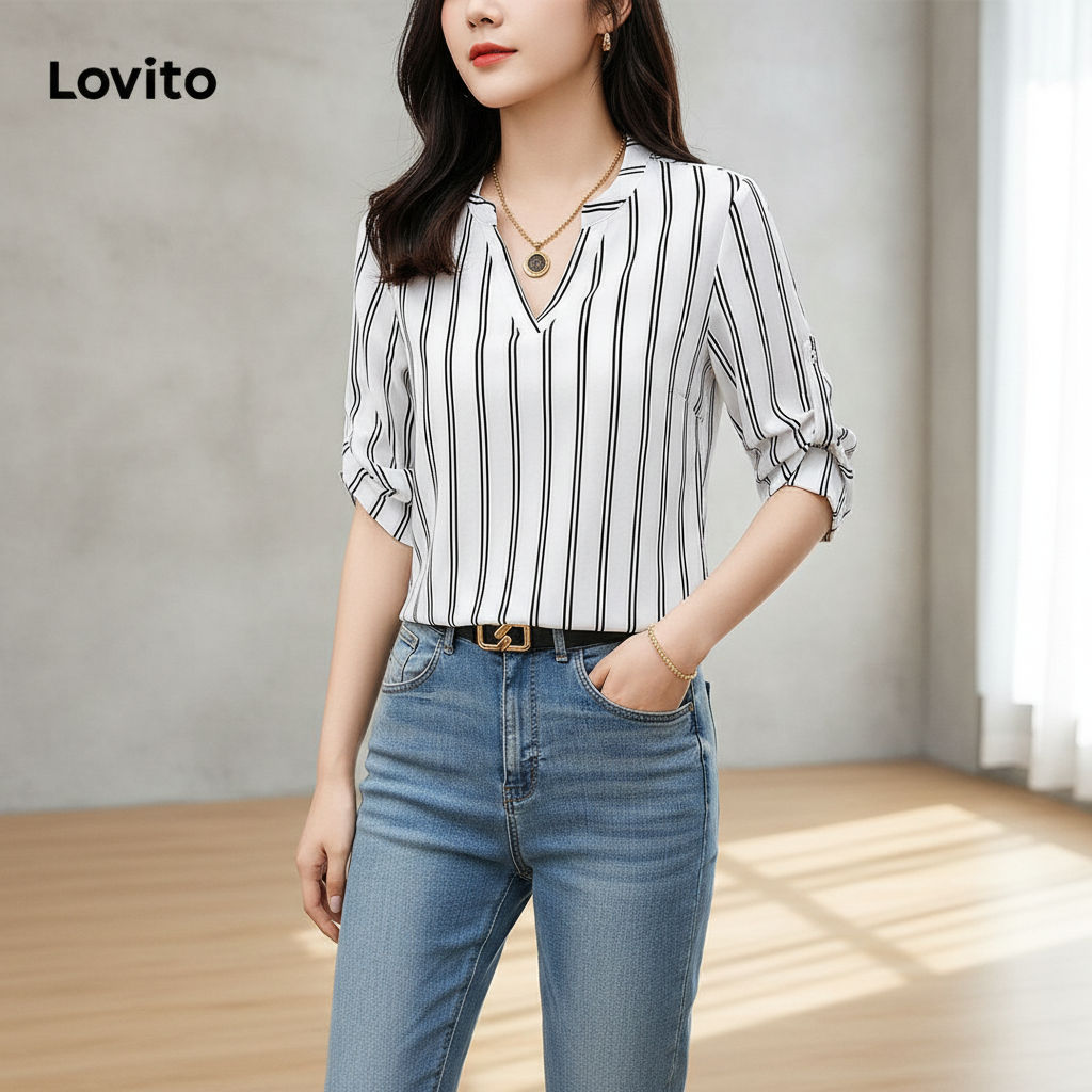 Lovito Blusa Casual Feminina Listrada Básica Primavera Verão LBL09255 em Oferta na Shopee