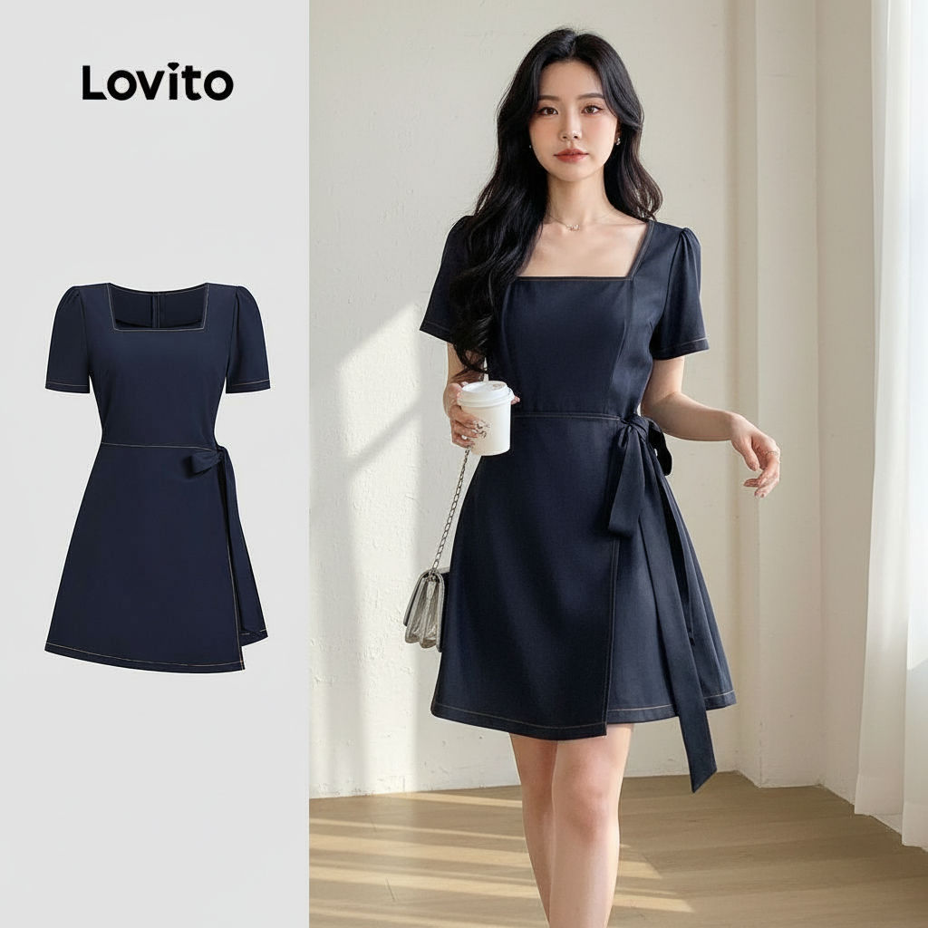 Lovito Refine Vestido Feminino Marinho Elegante Liso Com Cadarço Para Verão Primavera L134ED404 em Oferta na Shopee