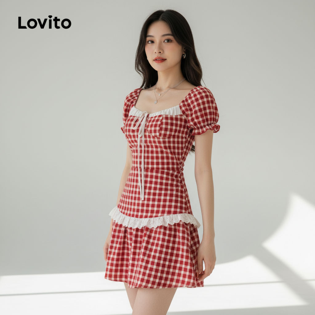 Lovito Refine Vestido Xadrez Com Babados E Decote Em Laço Drapeado Manga Bufante Feminino L114AD416 em Oferta na Shopee