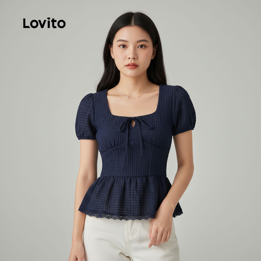 Lovito Blusa Azul Escura Casual de Renda com Amarração para Primavera/verão Confortável L139AD366 em Oferta na Shopee