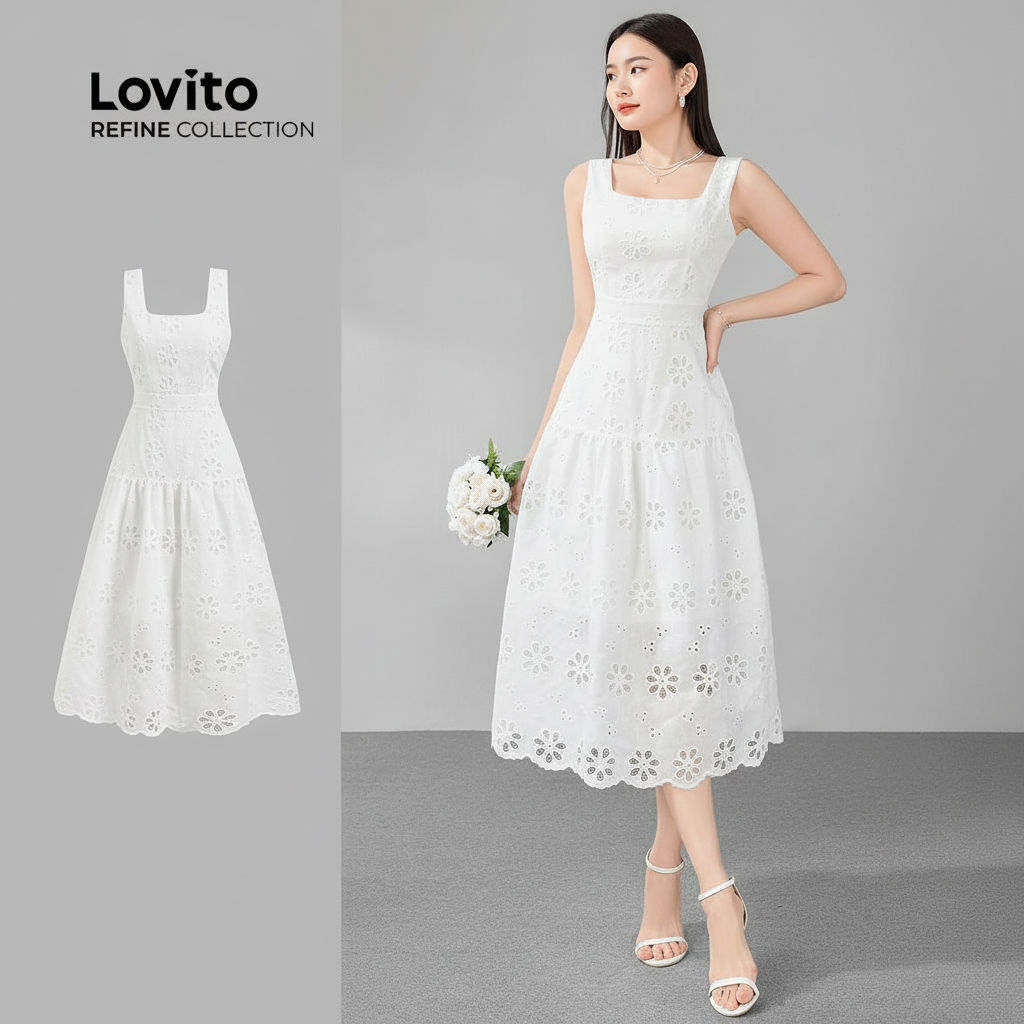 Lovito Refine Vestido Casual Floral Bordado Com Ilhós E Babados Na Barra Branco Feminino LR11ED070