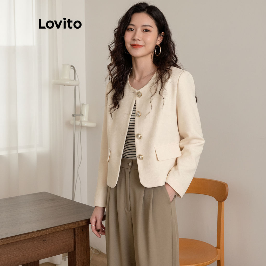 Lovito Blazer Feminino Com Botões E Bolsos Para Outono Inverno LNA29388 em Oferta na Shopee