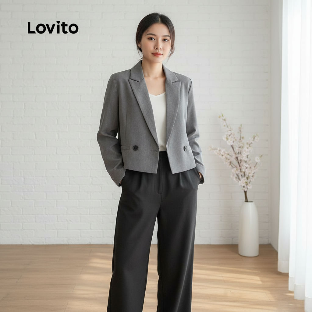 Lovito Casaco Feminino Casual com Botões para Outono/Inverno Cinza L156AD241 em Oferta na Shopee