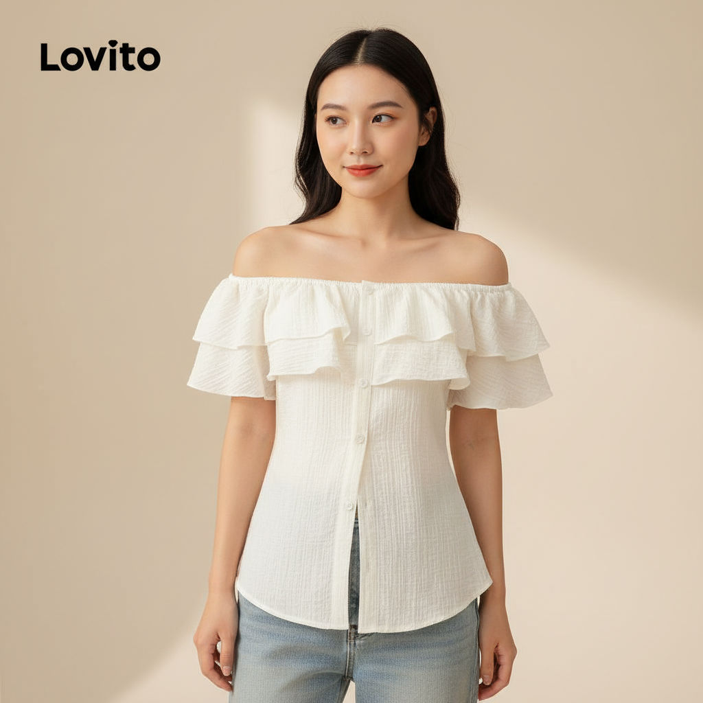 Blusa Feminina Lovito Casual Texturizada com Babado e Botão para Primavera Verão L79AD128 em Oferta na Shopee