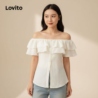 Blusa Feminina Lovito Casual Texturizada com Babado e Botão para Primavera Verão L79AD128 em Oferta na Shopee