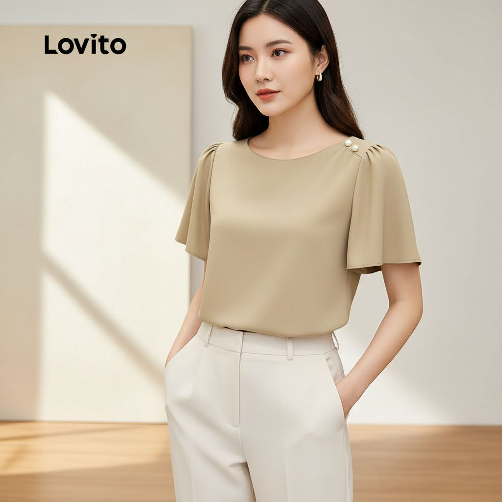 Lovito Camisa Feminina Casual Primavera/Verão com Botões e Cor Cáqui L154ED222 em Oferta na Shopee