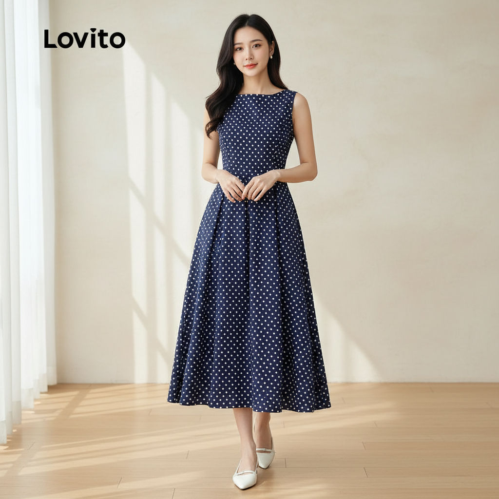 Lovito Vestido Feminino Plissado Elegante Azul Marinho Primavera Verão LBL31081 em Oferta na Shopee