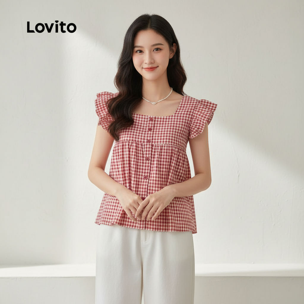 Lovito Blusa Casual Guingão Botão Babado Drapeado Manga Primavera Verão Vermelha Feminina L136AD143 em Oferta na Shopee