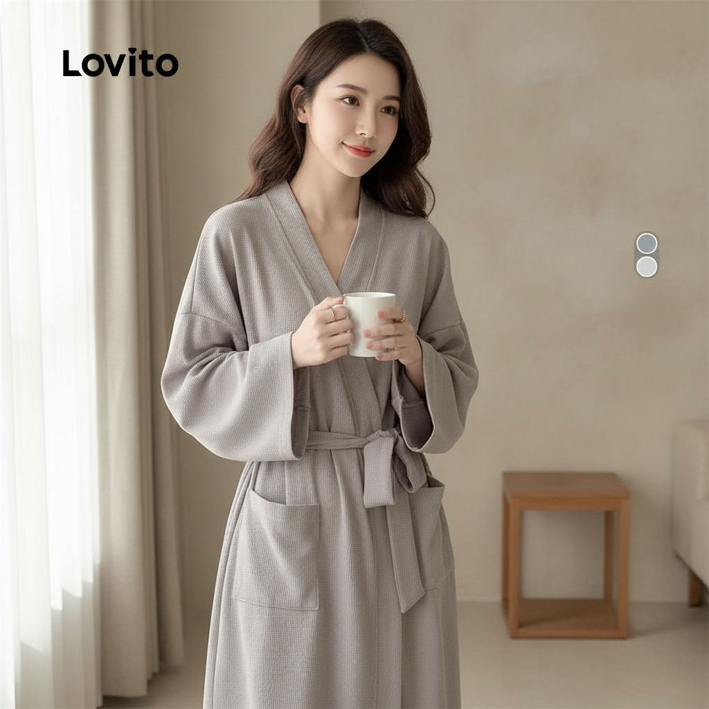 Lovito Roupão Feminino de Algodão para Verão com Cinto LNE121X022 em Oferta na Shopee