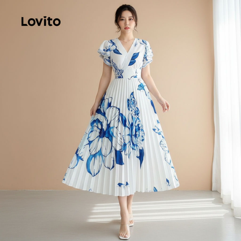 Lovito Vestido Feminino Boho Plissado Azul Primavera/Verão LBL31102 em Oferta na Shopee