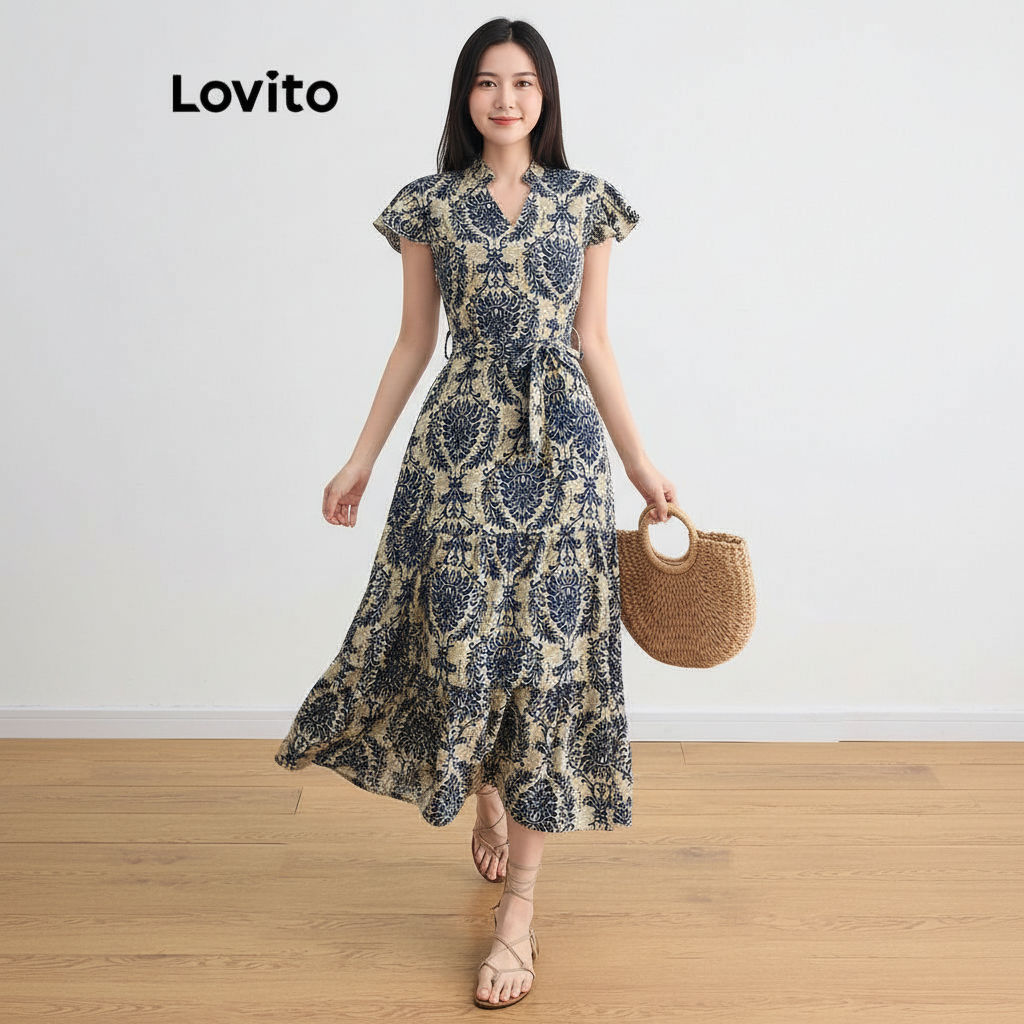 Lovito Vestido Feminino Casual Com Estampa Tribal E Babados Na Bainha, Para Verão/primavera L105MD093 em Oferta na Shopee