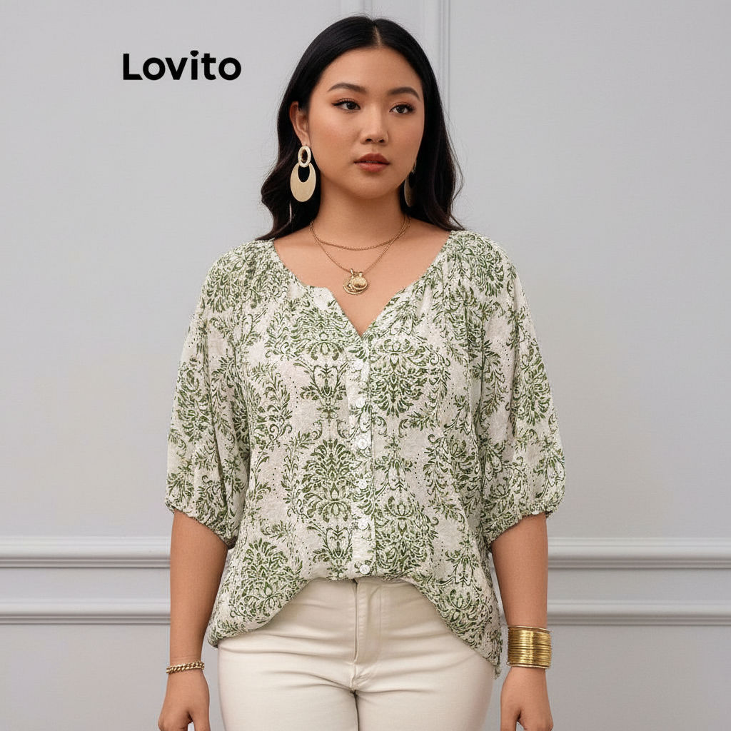 Lovito Blusa Casual Feminina Plus Size Estampada Tribal Botão Frontal Verão Primavera LBL21091 em Oferta na Shopee