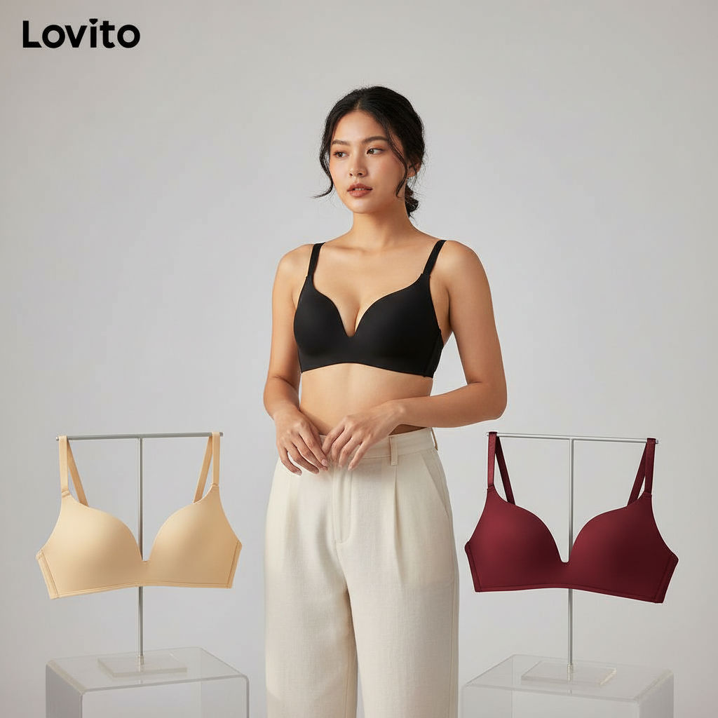 Lovito Sutiã Bralette Respirável Sem Aro Push Up Copa Completa Bojos Fixos Para Mulheres L233L079 em Oferta na Shopee
