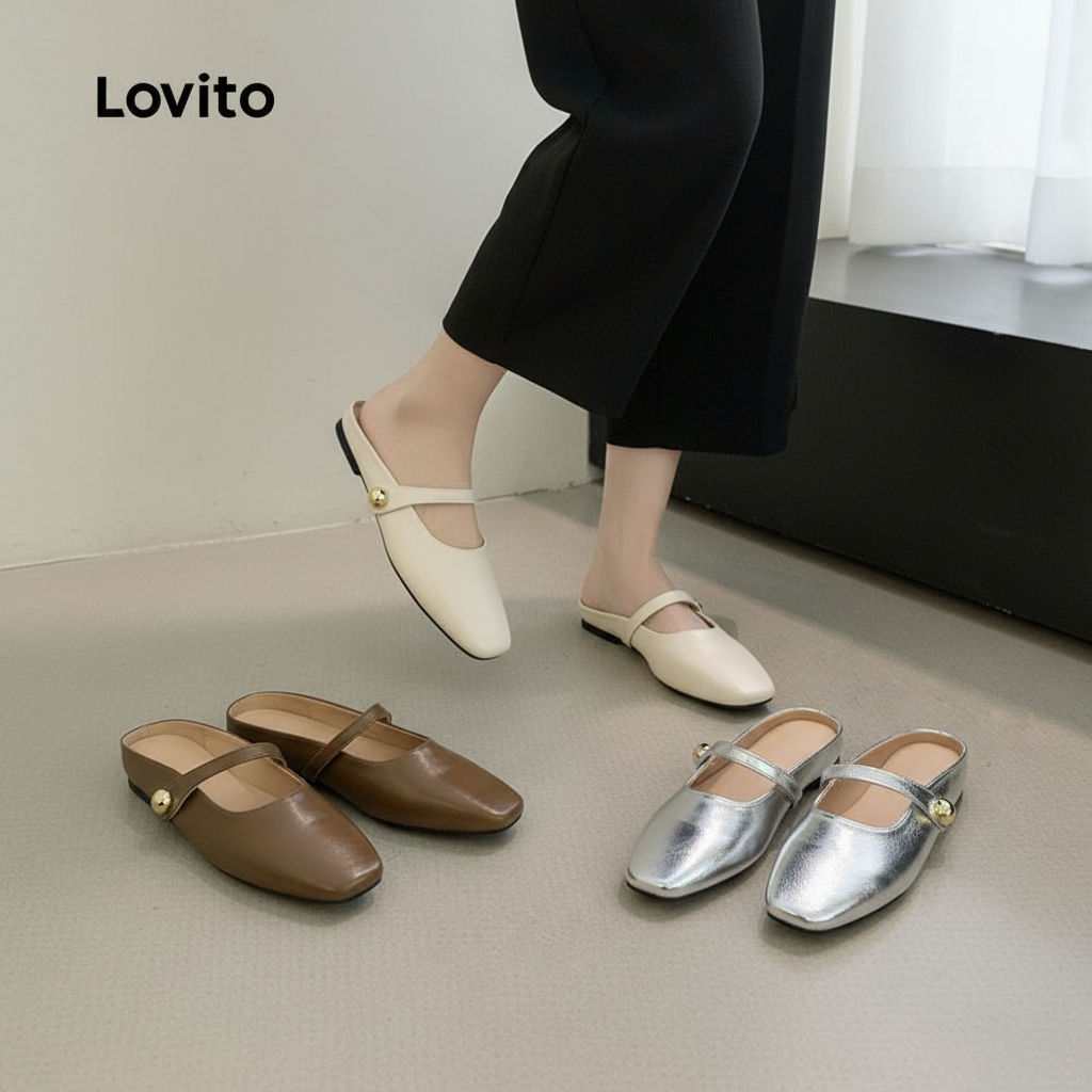 Lovito Sapatos Lisos Casuais Femininos Quadrados Sandálias Couro Sapatilhas LFA82134 em Oferta na Shopee