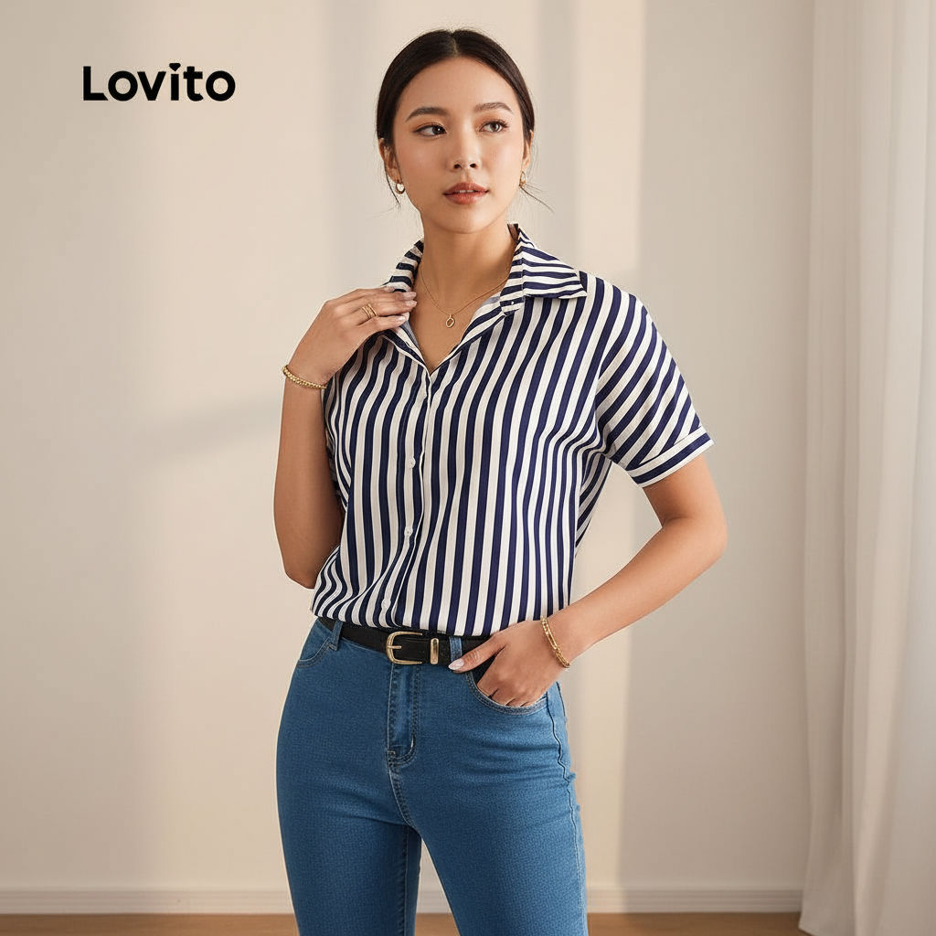Lovito Blusa feminina Casual lateral com listras e botão frontal LBL22493 em Oferta na Shopee