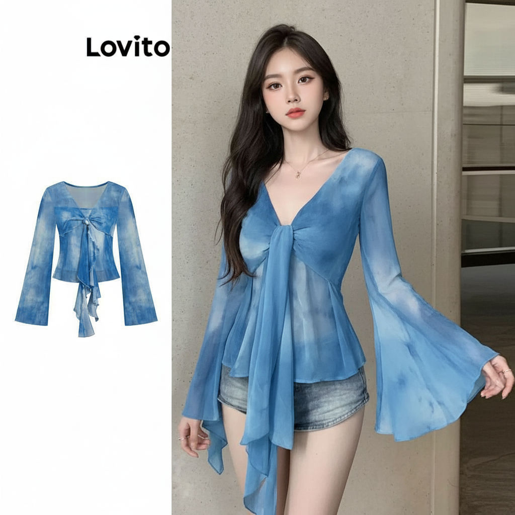 Lovito Blusa Feminina Tie Dye Contraste com Babados Frontais L106AD939