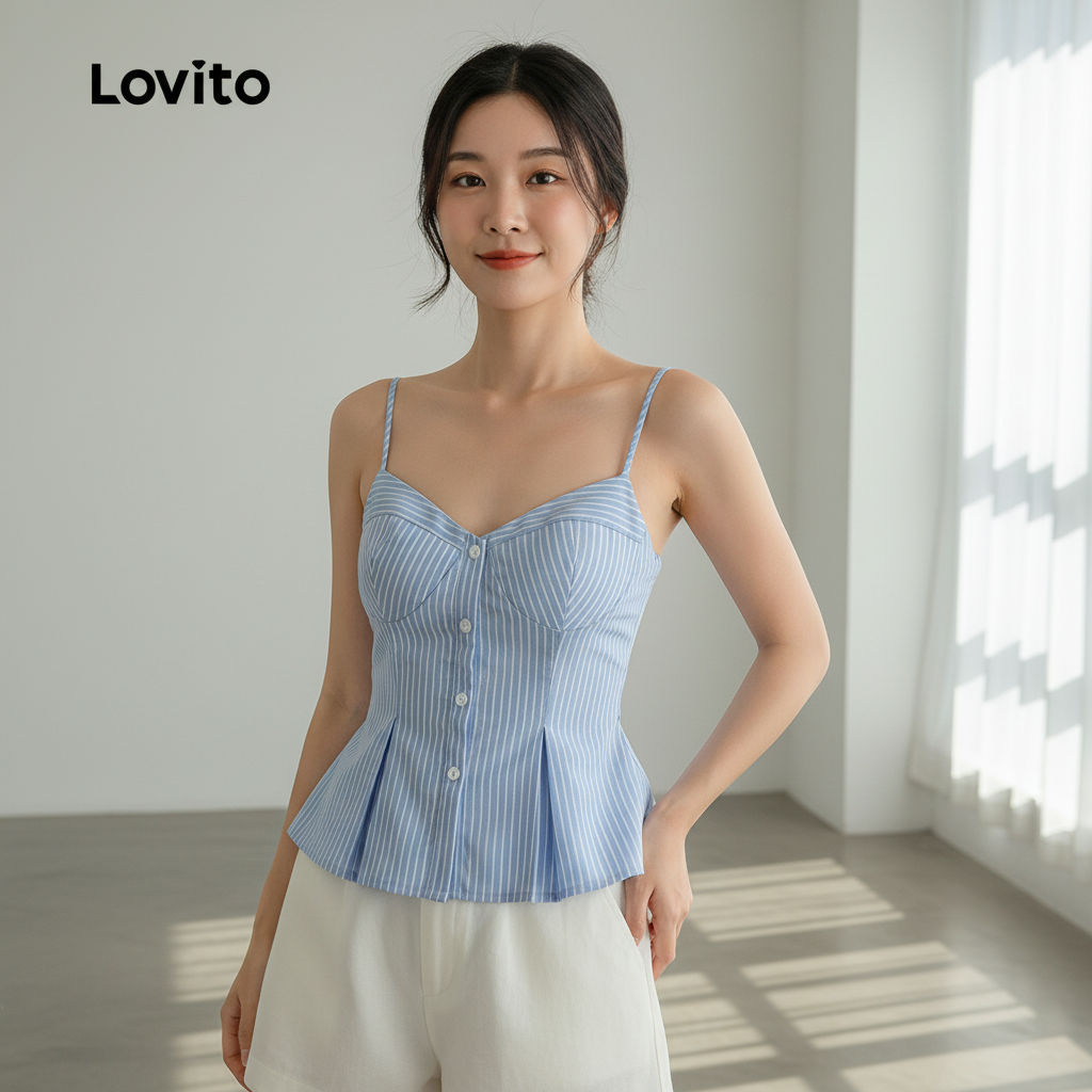Lovito Blusa Casual com Botões no Topo e Pregas Estrutura Linha Primavera Verão Azul Feminina L144AD031