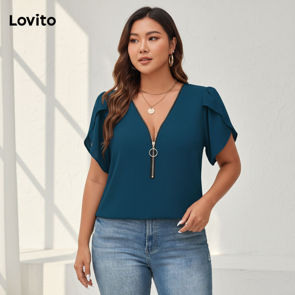 Lovito Blusa Feminina Elegante Plus Size Com Zíper Para Verão E Primavera LBL20142