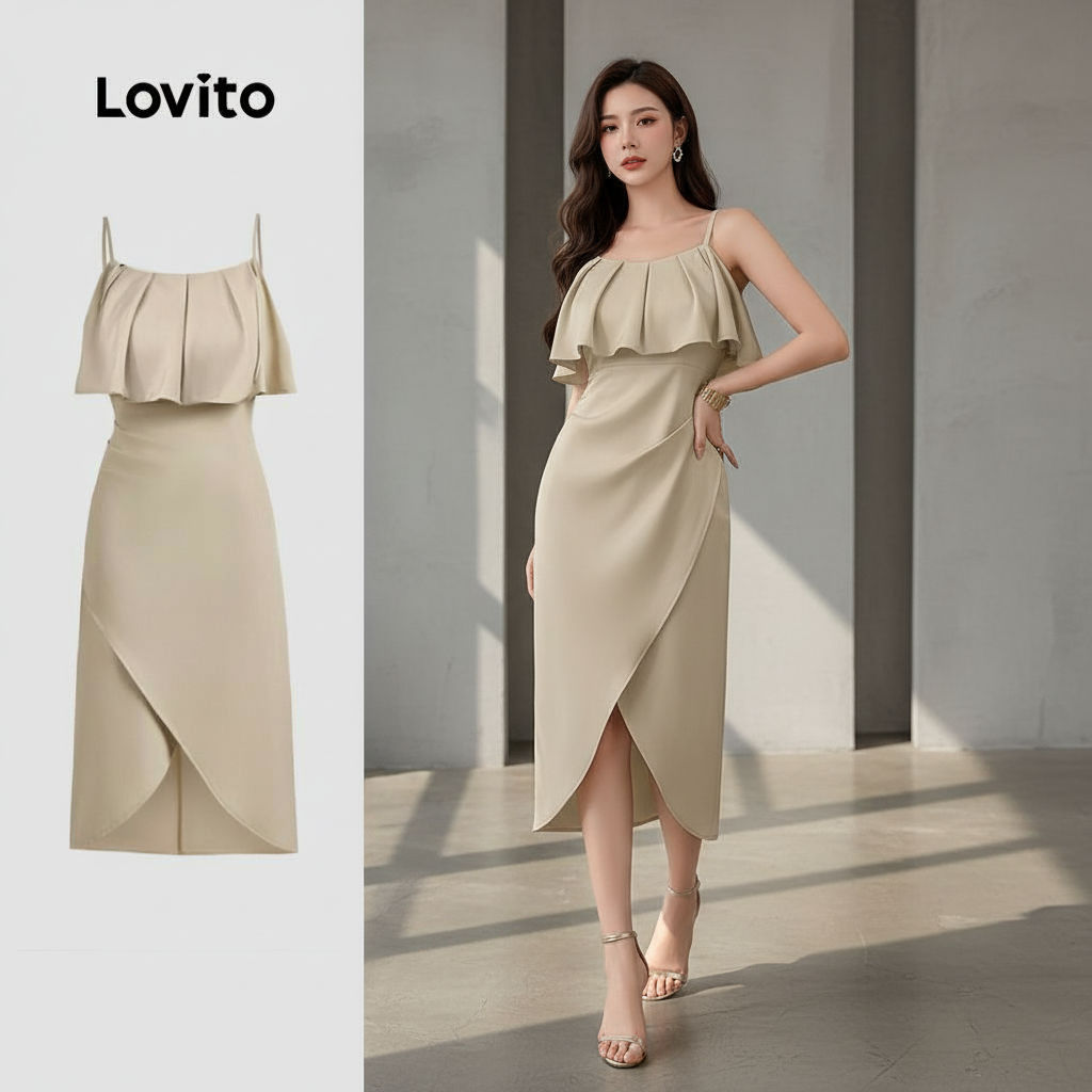 Lovito Refine Vestido Feminino Liso Dupla Camada Assimétrico Casual L131ED594 em Oferta na Shopee