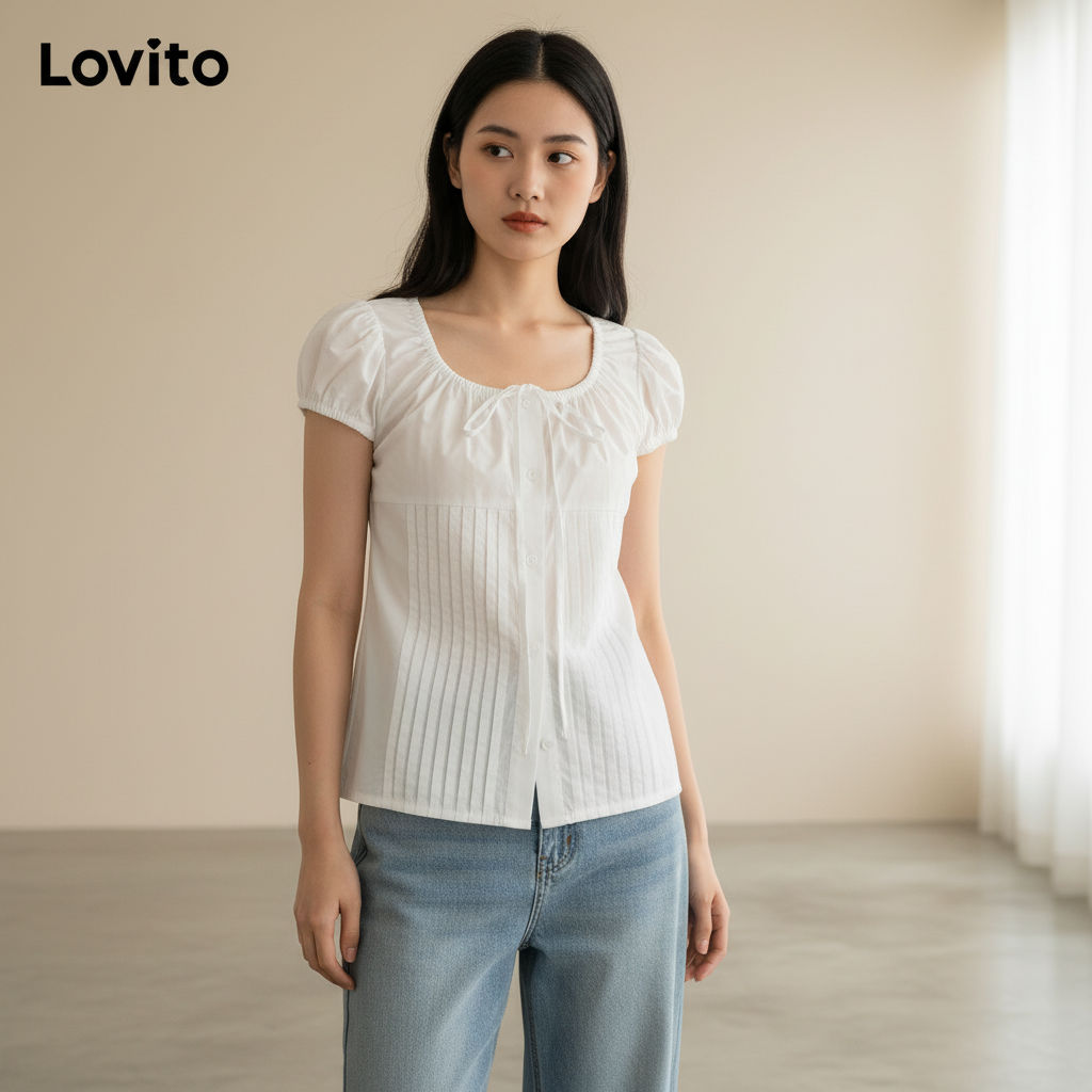 Lovito Blusa Casual Feminina Lisa Com Amarração E Plissada L85AD028 (Multicolorido) em Oferta na Shopee