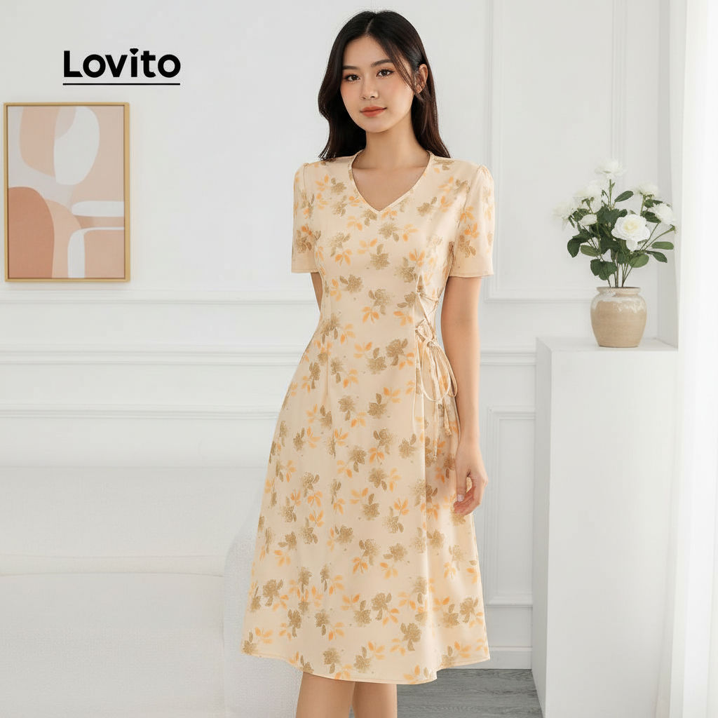 Lovito Vestido Feminino Assimétrico de Renda Elegante Coral Laranja Primavera Verão LBL26366