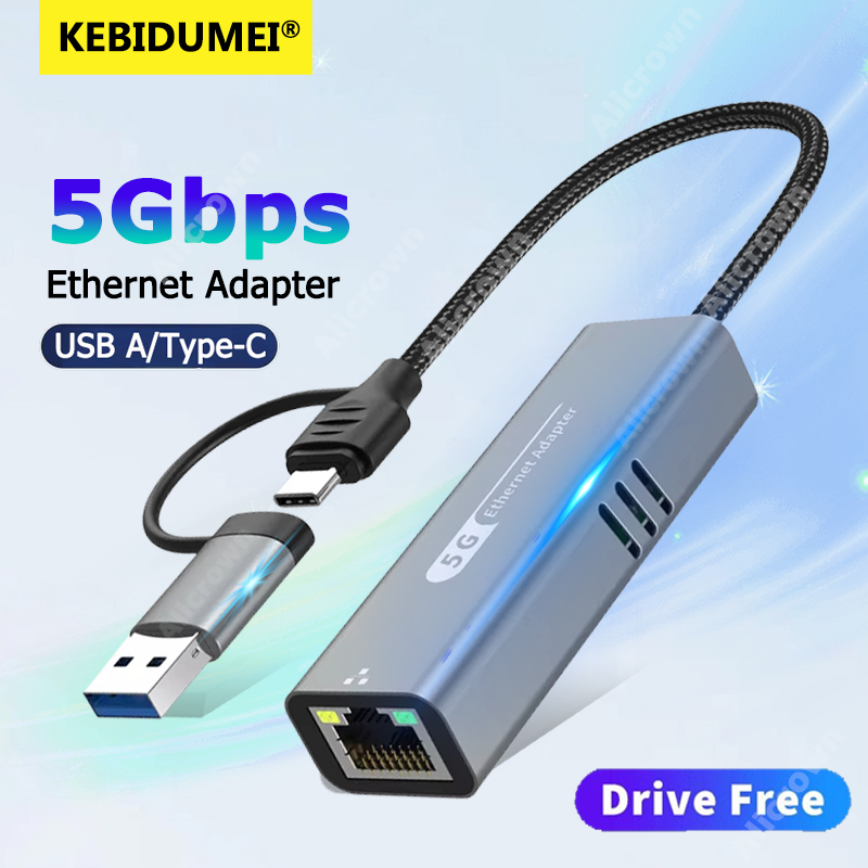 Adaptador USB para Ethernet 5 Gbps RJ45  Rede 3,2 Gigabit  LAN 5000 Mbps Tipo C  Placa Para Windows 10/11 Mac OS 11