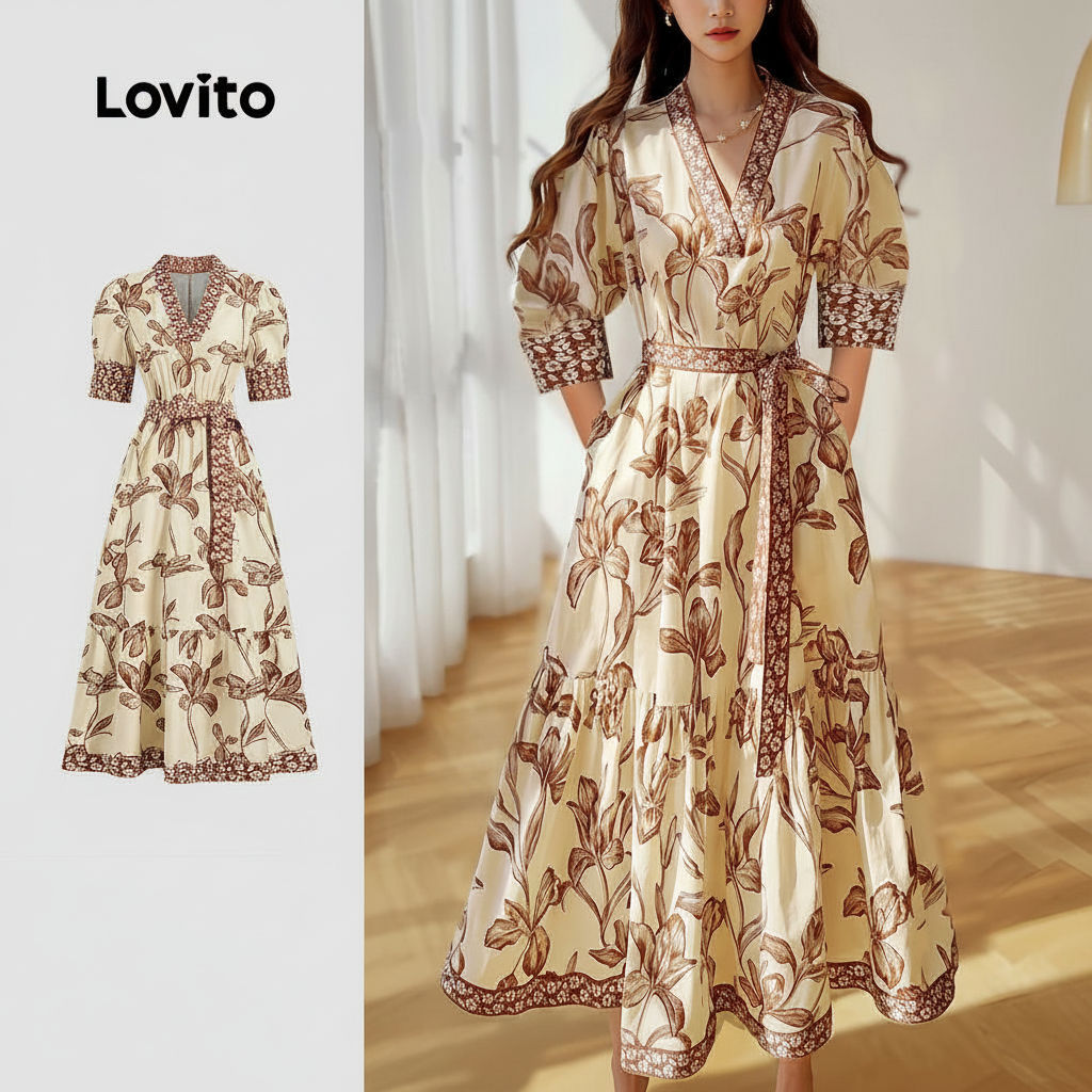 Lovito Refine Vestido Floral Feminino com Cinto para Primavera Verão Marrom LBL25104 em Oferta na Shopee