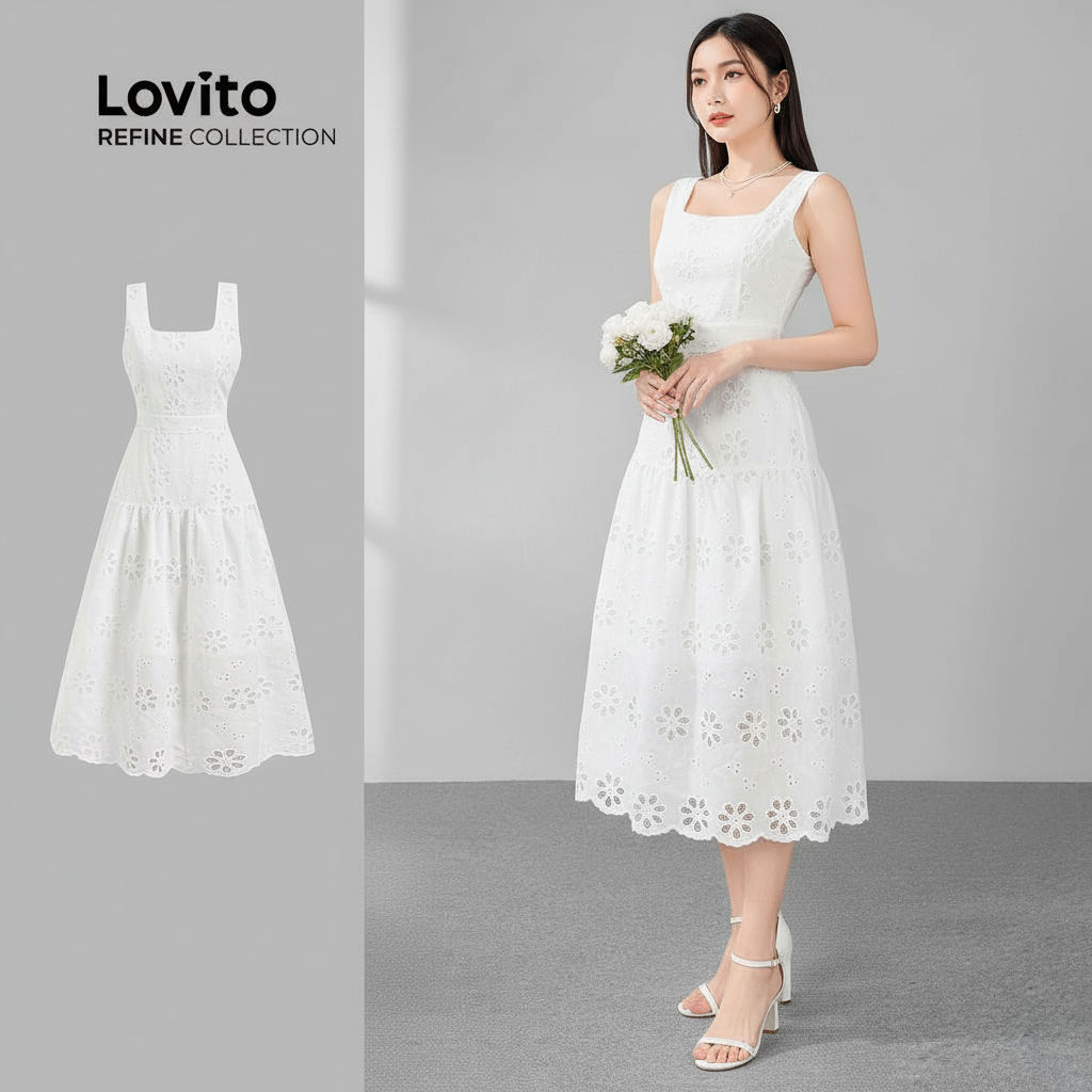 Lovito Refine Vestido Casual Floral Bordado Com Ilhós E Babados Na Barra Branco Feminino LR11ED070 em Oferta na Shopee