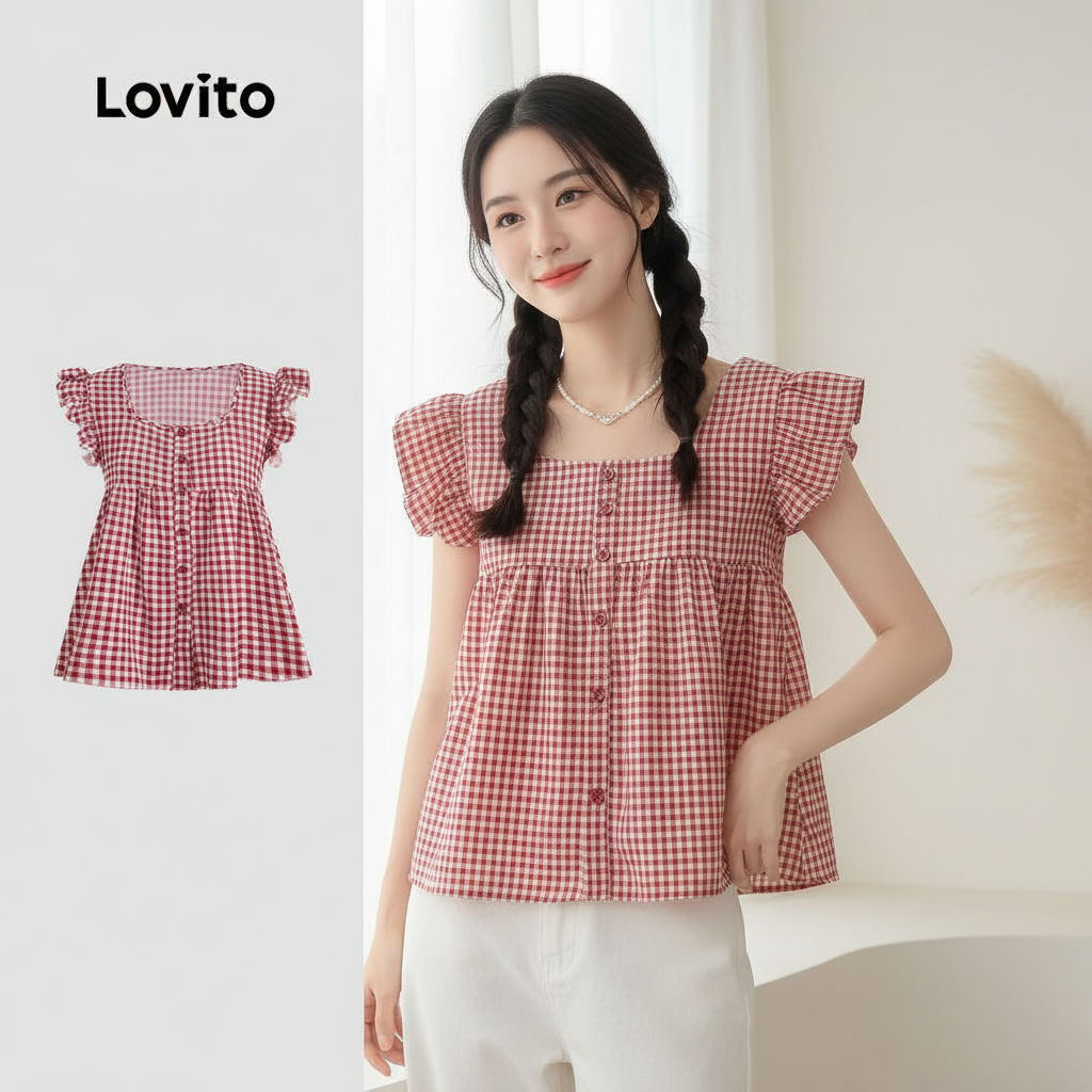 Lovito Férias Blusa Guingão Botão Babado Drapeado Manga Primavera Verão Vermelha Feminina L136AD143