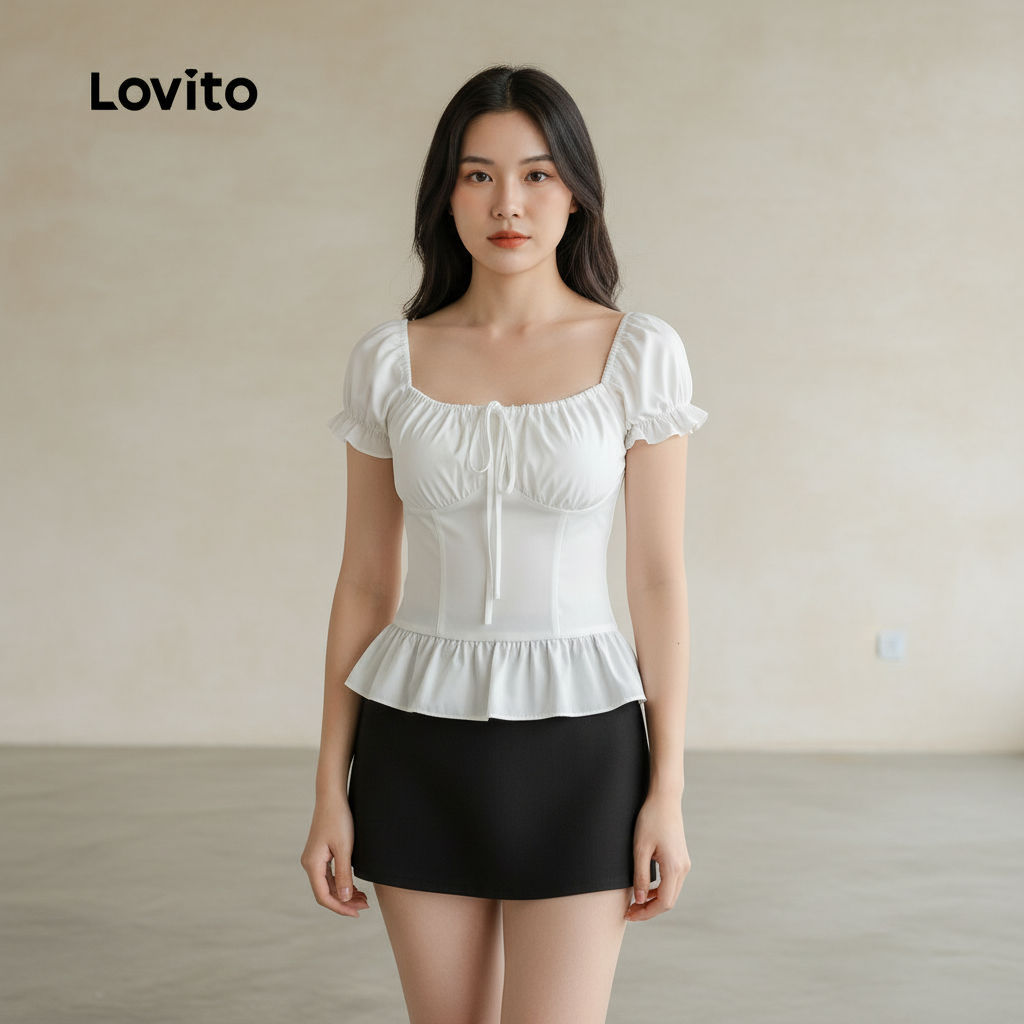 Lovito Blusa Feminina Casual de Verão Lisa com Babados L123ED727 em Oferta na Shopee
