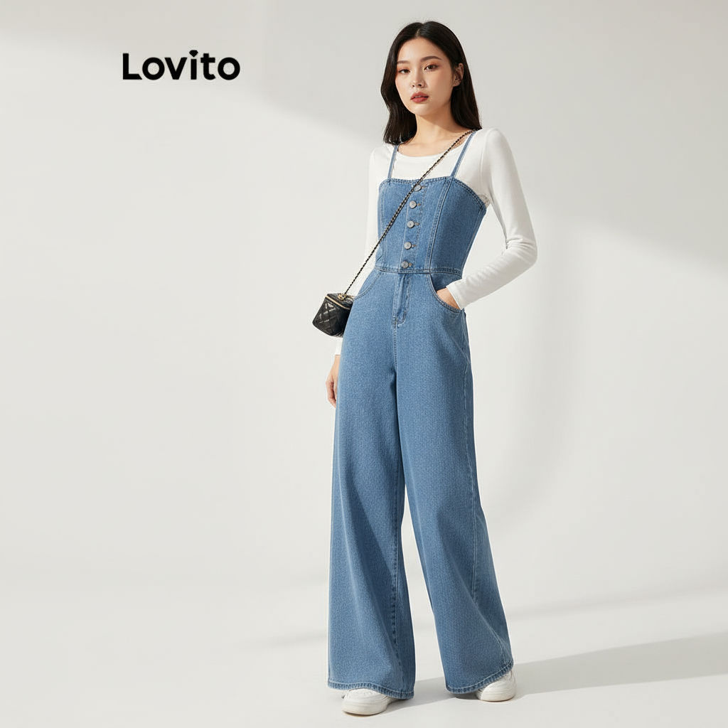 Lovito Macacão Feminino Casual com Bolso e Botão Frontal Lavado LNE22047 (Multicolorido) em Oferta na Shopee