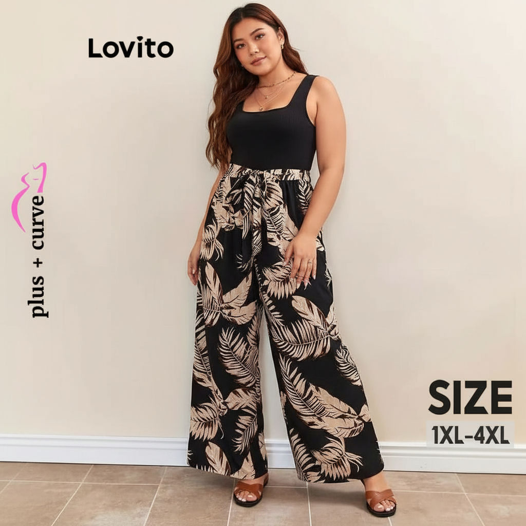 Lovito Macacão Elegante Tecido Tropical Costurado Plus Size Curve Para Mulheres LNL91059 em Oferta na Shopee