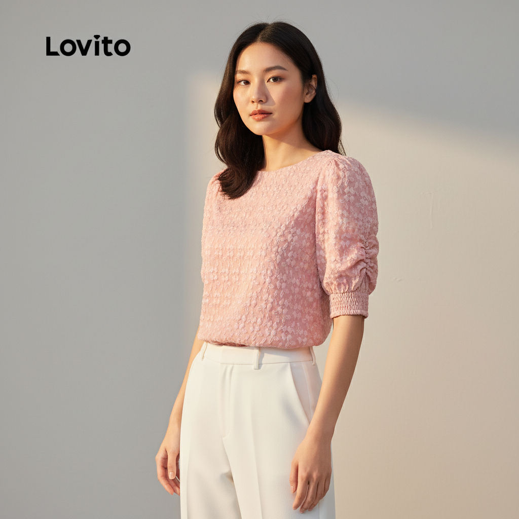 Lovito Blusa Feminina Rosa Com Laço Plissado Primavera Verão Elegante L138AD919