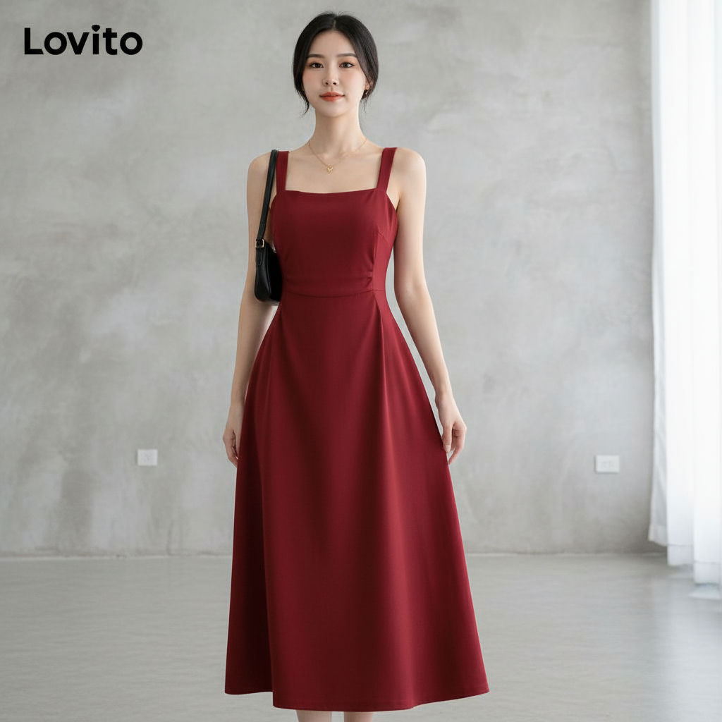 Lovito Vestido Feminino Casual Plissado Liso com Estrutura LNE55534 em Oferta na Shopee