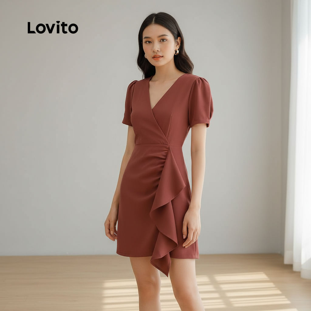 Lovito Vestido Feminino Elegante com Babados e Pregas Simples Marrom para Primavera Verão L155ED771 em Oferta na Shopee