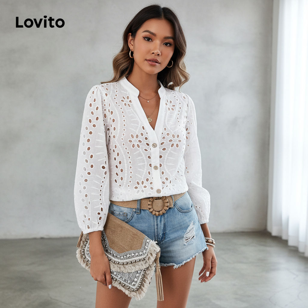 Lovito Blusa Casual Feminina Bordada Com Botões E Ilhós Na Frente LNL70185 em Oferta na Shopee