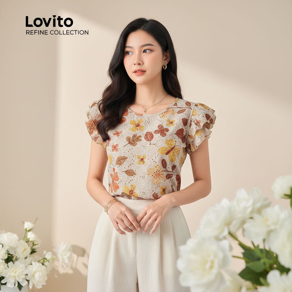 Lovito Refine Blusa Feminina Elegante Colorblock Bordado Ilhós Verão Primavera Textura Macia LR12L018 em Oferta na Shopee