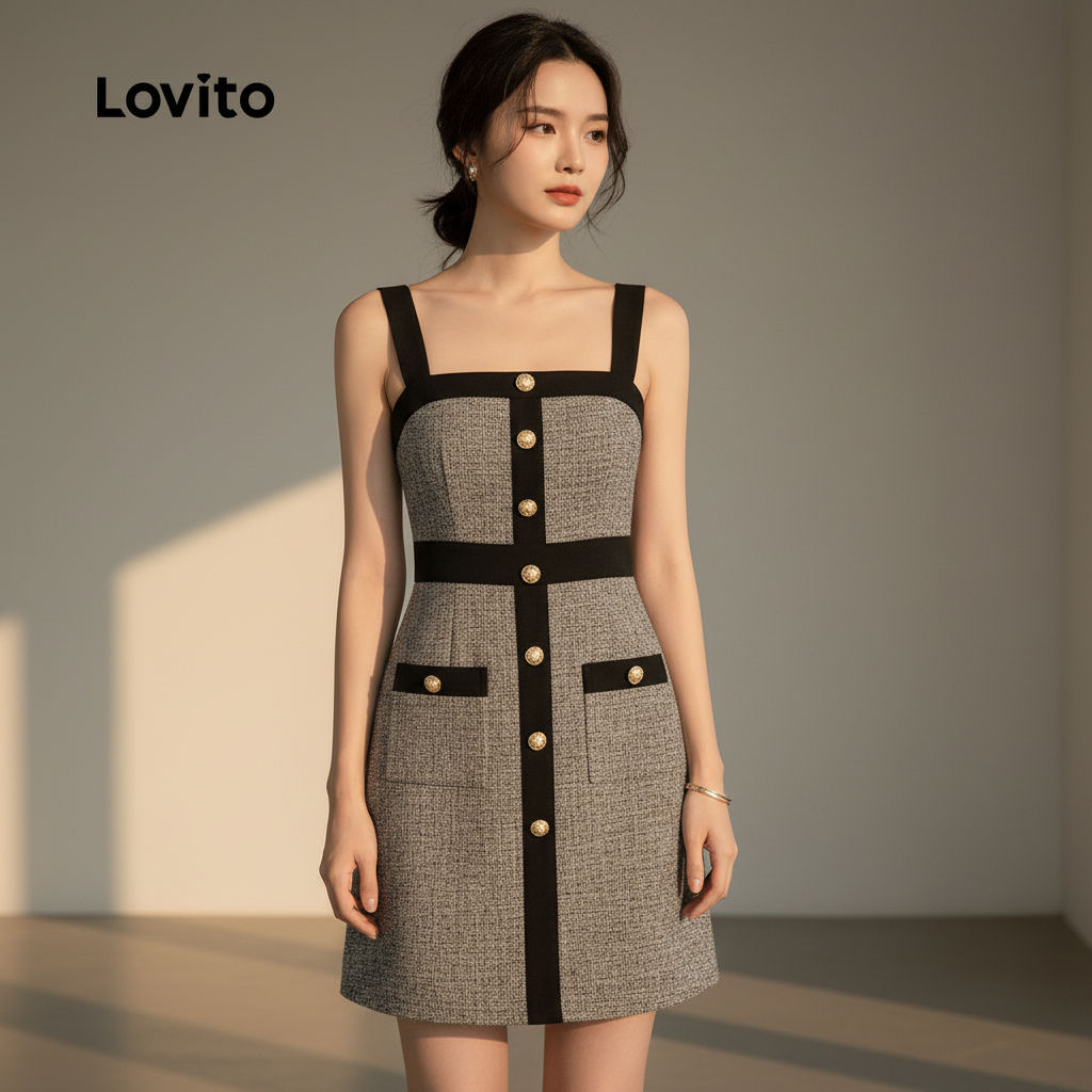 Lovito Vestido Sofisticado de Cores Blocos com Botões Primavera Verão Vestido Preto Feminino L155ED1447 em Oferta na Shopee