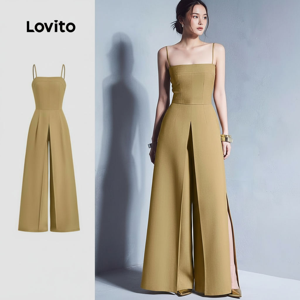 Lovito Macacão Feminino Elegante com Alças Ajustáveis em Açafrão para Primavera/Verão L154ED1111 em Oferta na Shopee