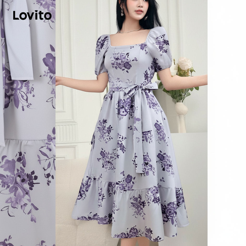 Lovito Vestido Boho Feminino Floral Primavera Verão Cinto Babados Bainha L131LD1234