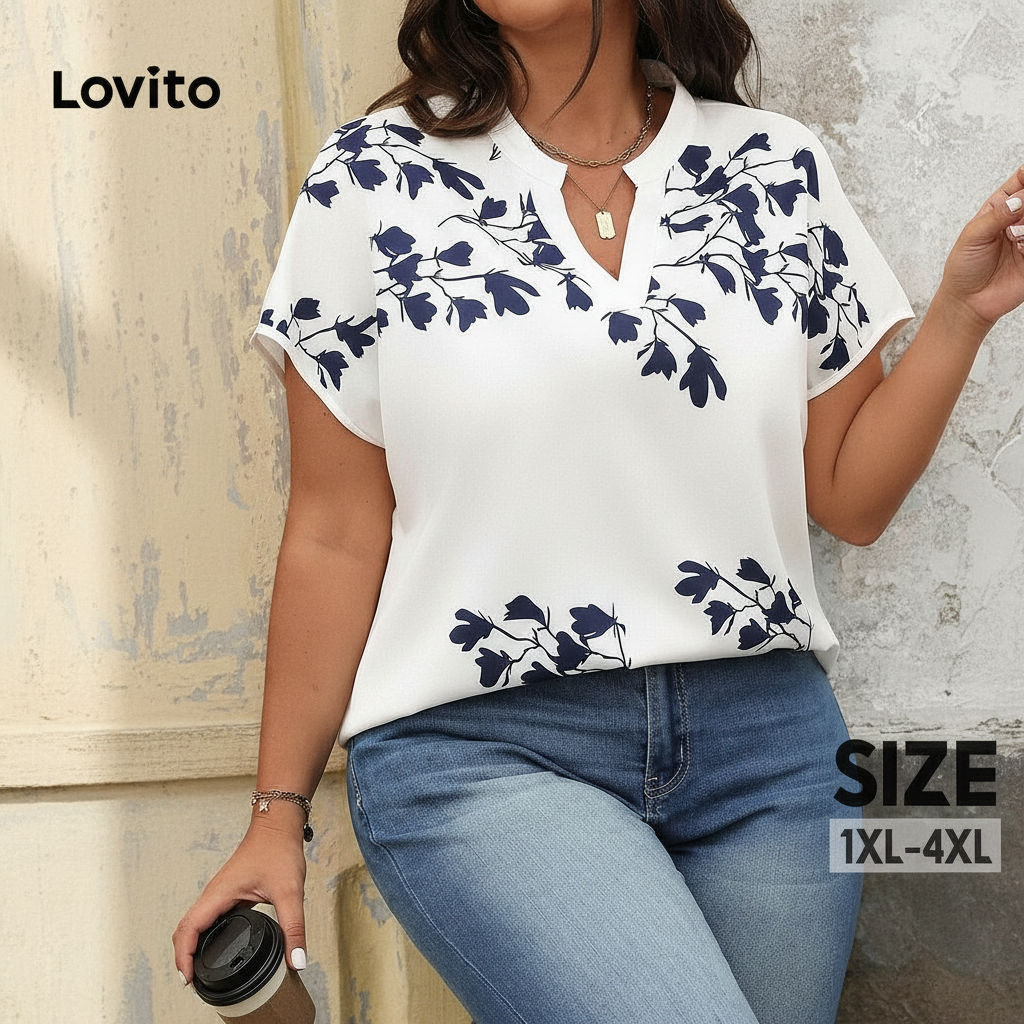 Blusa Feminina Elegante Estampa Botânica Plus Size LBL18293 em Oferta na Shopee