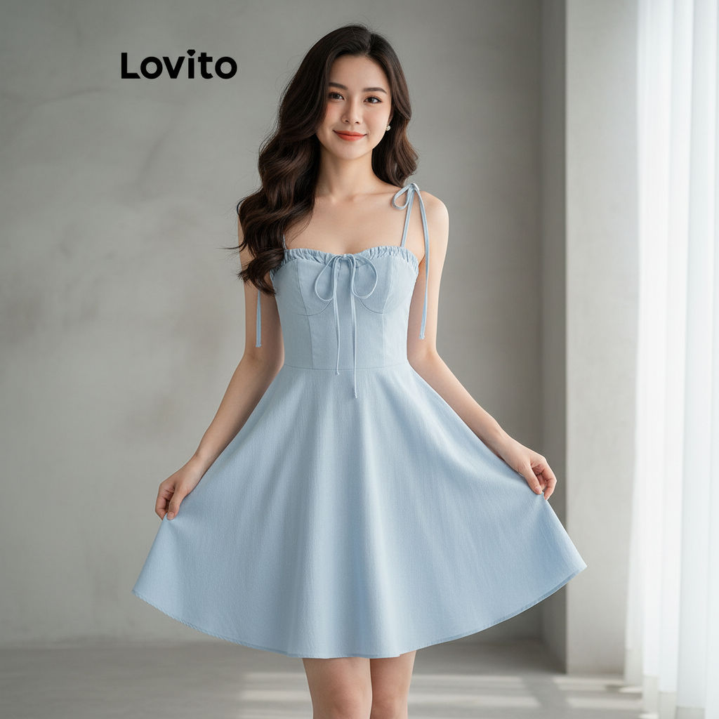Lovito Vestido Feminino Liso Com Amarração E Laço Drapeado Casual L98AD138