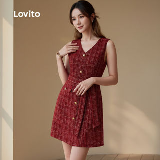 Lovito Vestido sofisticado com cinto verão/primavera vermelho feminino LBL29340 em Oferta na Shopee