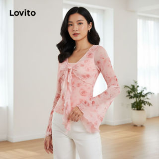 Lovito Blusa Feminina Floral Ditsy Amarração Frontal Nó Laço Babados L101AD109 em Oferta na Shopee