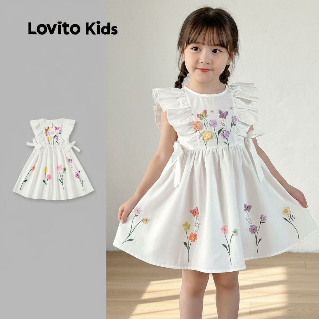 Lovito Kids Vestido Delicado com Babados para Menina Branco para Primavera/Verão L162LD201 em Oferta na Shopee