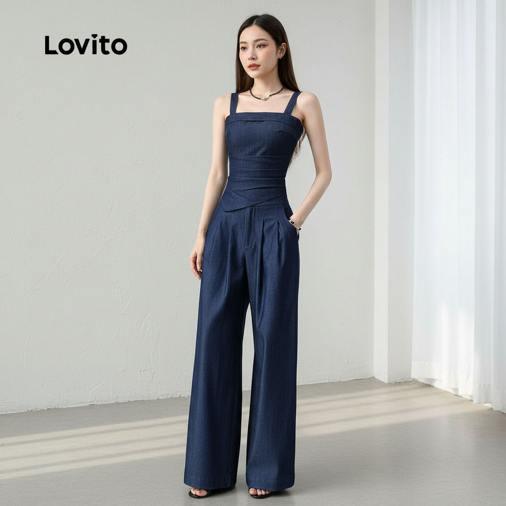 Lovito Elegante Blusas ou Calças Plissadas Primavera/verão Terno Azul Escuro L166AD1002