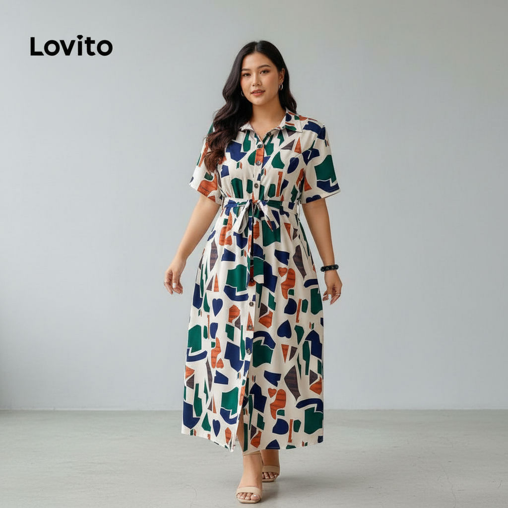Lovito Curva Plus Size Vestido Elegante Padrão Geométrico Feminino LBL18320 em Oferta na Shopee