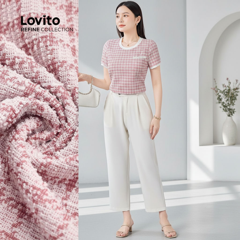 Lovito Refine Blusa Elegante Colorblock de Tecido com Pérolas para Primavera Verão Rosa LR13E006