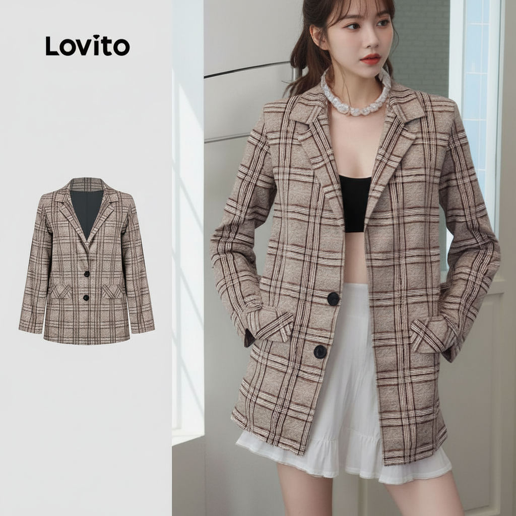 Lovito Blazer Casual Feminino Estampado Xadrez Outono Inverno LNL101621 em Oferta na Shopee